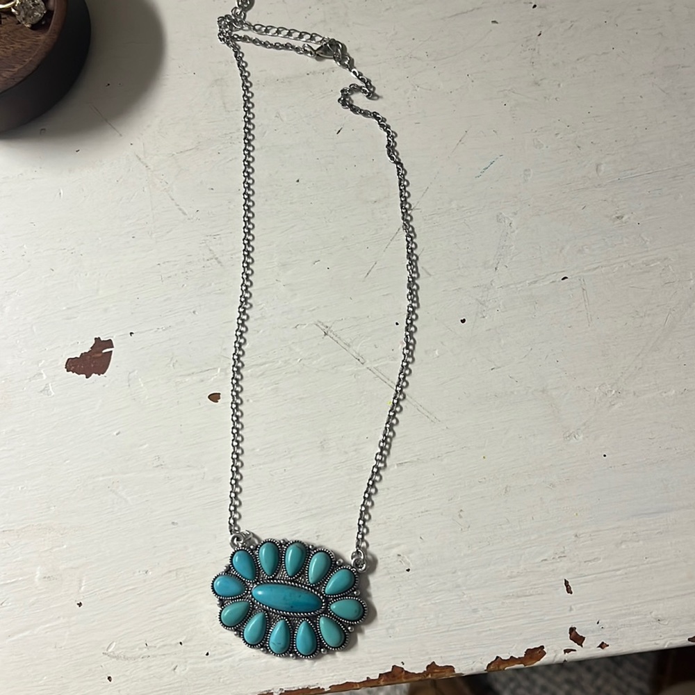 Silver and turquoise squash blossom western necklace